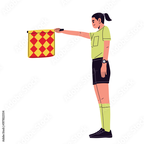vector of a soccer referee and assistant referee showing red and yellow cards, signaling fouls, offside with flag, checking watch, and displaying VAR. perfect for football rules, officiating concepts