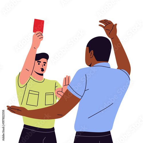 vector of a soccer referee and assistant referee showing red and yellow cards, signaling fouls, offside with flag, checking watch, and displaying VAR. perfect for football rules, officiating concepts