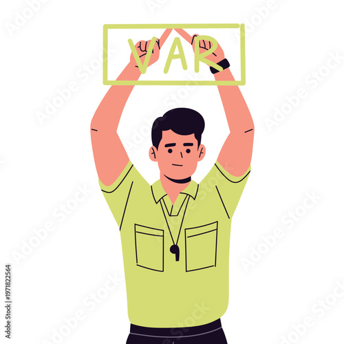 vector of a soccer referee and assistant referee showing red and yellow cards, signaling fouls, offside with flag, checking watch, and displaying VAR. perfect for football rules, officiating concepts