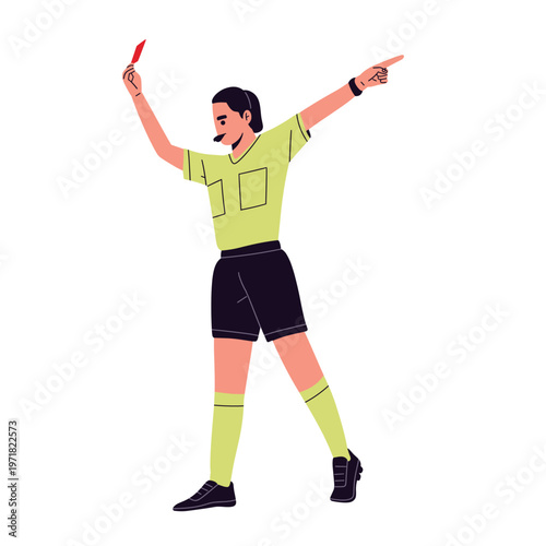 vector of a soccer referee and assistant referee showing red and yellow cards, signaling fouls, offside with flag, checking watch, and displaying VAR. perfect for football rules, officiating concepts