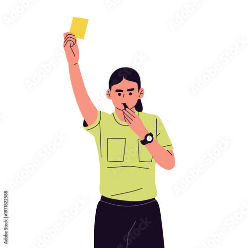 vector of a soccer referee and assistant referee showing red and yellow cards, signaling fouls, offside with flag, checking watch, and displaying VAR. perfect for football rules, officiating concepts
