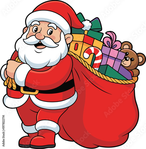 Santa Claus carrying big gift sack full toys festive cartoon illustration flat vector