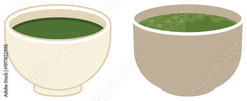Two bowls of green matcha tea prepared in traditional Japanese style, one in a creamy white bowl and the other in a light brown bowl, showing the foamy texture