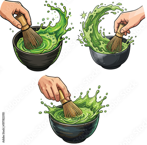 Dynamic illustrations of hands whisking vibrant matcha tea in traditional bowls, capturing energetic green splashes and a frothy texture during preparation