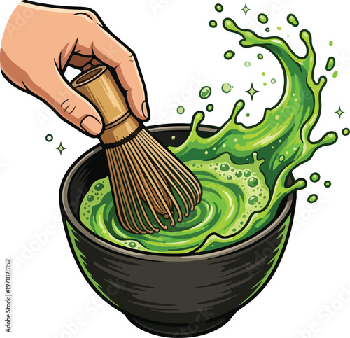 Hand whisking fresh matcha tea in a traditional bowl, creating a dynamic splash of frothy green beverage, symbolizing energy and the art of tea preparation