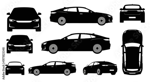 Car Silhouettes: Multiple Views of a Modern Sedan - Front, Side, Top, Rear