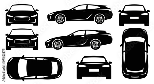 Car Silhouettes: Multiple Views of a Modern Sedan and Hatchback