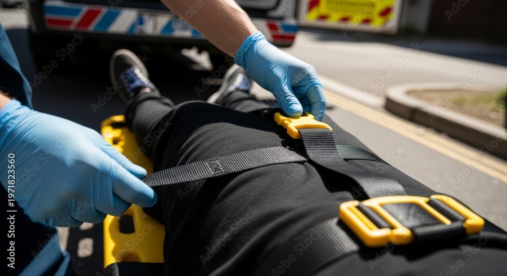 Fototapeta premium Paramedics securing patient on stretcher.