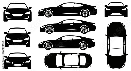 Car Silhouettes: Front, Side, Top Views of Modern Sports Coupe