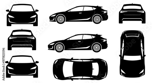Car Silhouettes: Front, Side, Top, and Rear Views of a Modern Hatchback