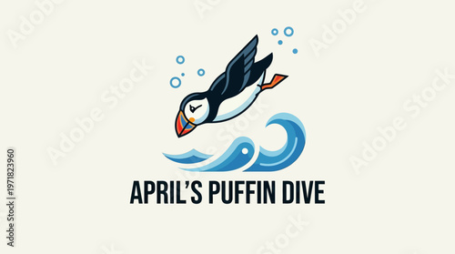 Cute Puffin Diving into Water with Bubbles and Waves