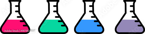 Laboratory Erlenmeyer Flasks with Colorful Chemical Liquids