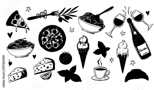 Vintage style Italian party food doodles with wine pizza pasta and dessert whimsical vector collection