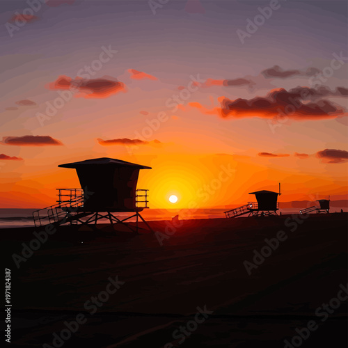 Vibrant vector illustration featuring silhouette lifeguard towers standing on a sandy beach at sunset