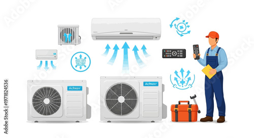 An illustration depicts a technician wearing a cap, holding a remote, and standing next to an orange toolbox, with various air conditioning units displayed against a clean white background