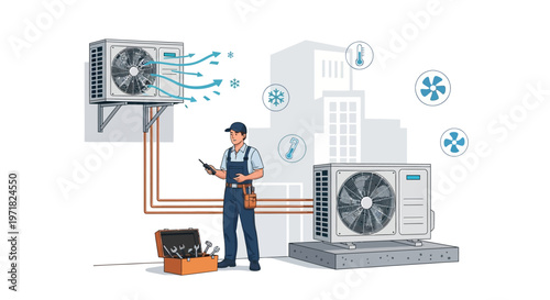 A technician wearing a cap and tool belt is depicted in a digital illustration, servicing an air conditioning system in front of city buildings, with a focus on diagnostic tools