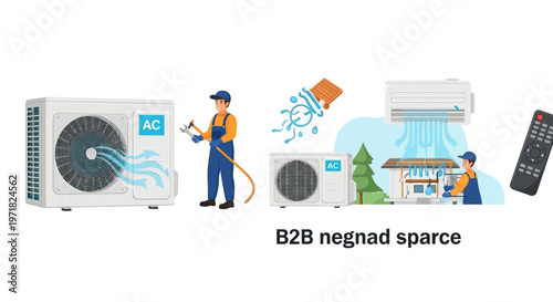 Illustrated air conditioning repair service shows a handyman cleaning an outdoor unit with a spray nozzle, plus another worker installing an indoor wall unit, set against a bright white