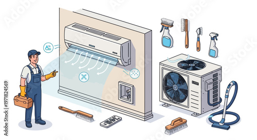 Isometric illustration of a repairman in overalls gesturing toward an air conditioner mounted on a wall, surrounded by cleaning tools and the unit's external compressor, with a clean