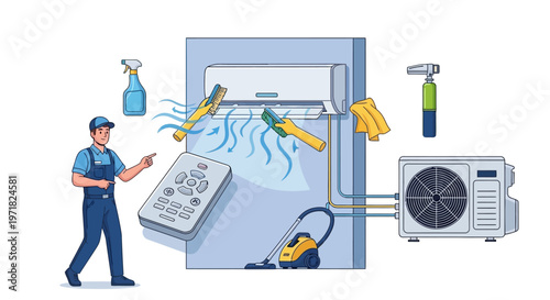 An illustration shows a technician cleaning an air conditioner with brushes and spray bottles, alongside a remote control and vacuum cleaner, against a pale blue background