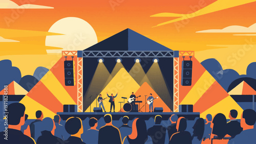Illustration Of Outdoor Concert With Sunset Sky Vector Design Template