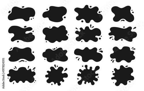 Liquid shapes wavy ink stains silhouettes set. Fluid puddles, splashes, drops, blobs. Bubble watery organic forms. Smooth blotches, soft uneven spills drips abstract shapes frames backgrounds design