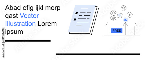 Digital downloads, resources, online content, free icons, file management, e-learning. Open box with digital icons and a document. Digital downloads and free resources concept