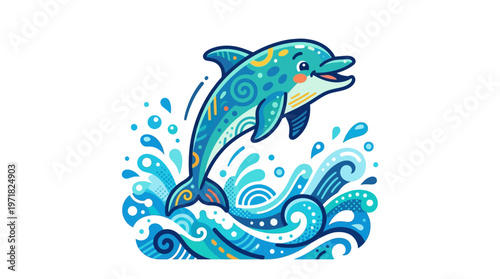 Jumping Dolphin in Ocean Waves.