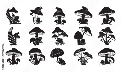 Collection of various black and white mushroom illustrations in different shapes and sizes