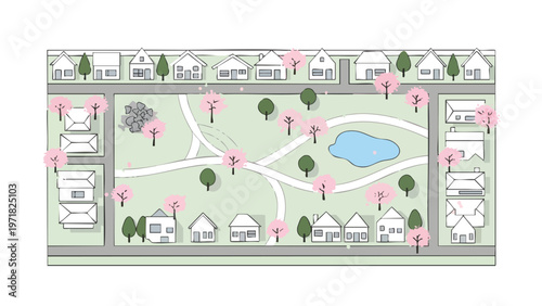 Suburban Neighborhood Aerial View with Park and Cherry Blossoms - Real Estate & Community Planning