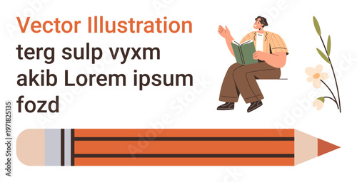 Education, creativity, learning, writing, personal growth, self-expression. Male figure reading a book, pencil floral elements. Education and creativity concept