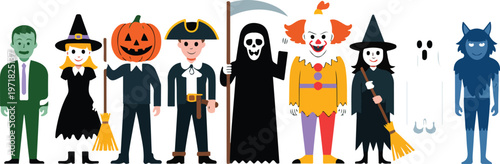Minimalist Halloween costume illustration set with characters arranged in line including witch pirate clown ghost and monsters