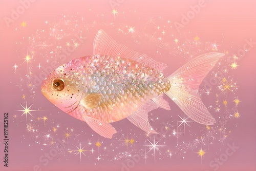 Illustration of a sparkling fish, surrounded by sparkling stars on a beautiful pink background