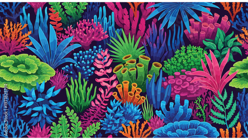 Vibrant Coral Reef Seamless Pattern, Underwater Marine Life Background Design