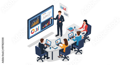 Isometric illustration of a business meeting with a presenter pointing to a large screen displaying charts and graphs while the attendees take notes on their laptops in a modern office