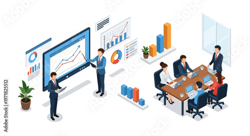 Isometric illustration showing a business presentation with charts and data on a large screen, alongside a meeting of diverse professionals in suits at a conference table with laptops, set