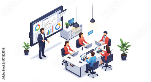 Isometric illustration of a businessman presenting charts and data on a large screen during a meeting with colleagues at a table in a modern office setting, conveying a professional