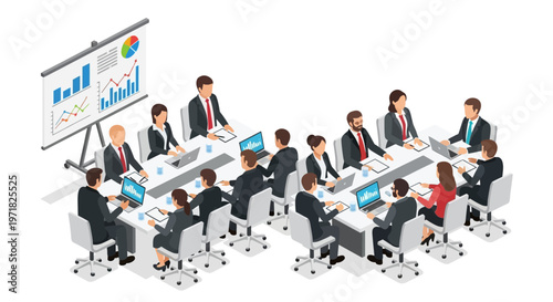 Isometric illustration features a diverse group of business professionals in suits seated around a long conference table with laptops, viewing a presentation of graphs on a screen