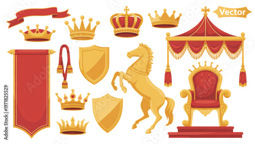 Vintage royal and heraldic symbols collection with crowns, scepter, and throne Vector