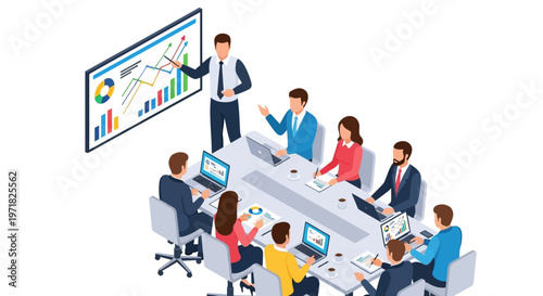 Isometric illustration of a diverse business team gathered around a conference table, listening to a presentation with data charts on a whiteboard in a well-lit, modern office setting
