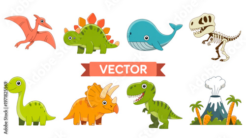 Colorful cartoon dinosaurs and prehistoric creatures in playful designs Vector
