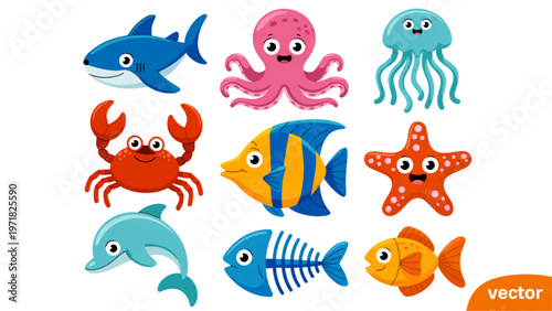 Colorful cartoon sea creatures swimming together in a playful scene Vector
