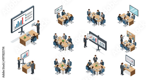 Isometric illustrations show business people in meetings with charts and graphs, viewed from above in a clean, corporate style, conveying a sense of collaboration and data analysis