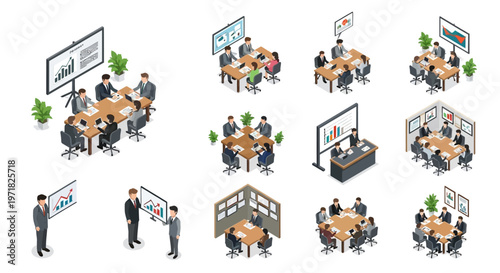 Isometric vector illustration of diverse business people in a conference room, attentively watching a presentation of charts and data on a large screen, set against a clean white