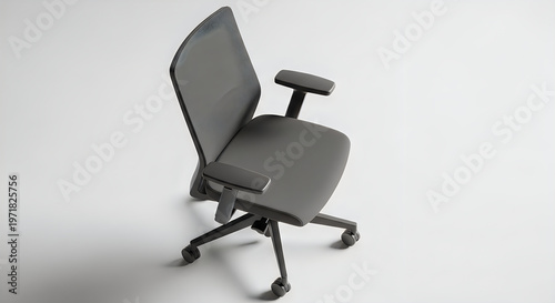 Modern office chair with gray upholstery and adjustable armrests shown in studio