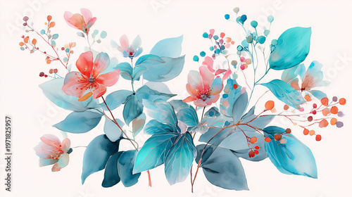 繊細な青い葉と赤い実のボタニカル水彩イラスト背景