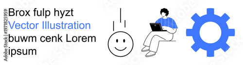 Technology, workflow, creativity, productivity, innovation, system optimization. Person using laptop next to happy face and gear symbol. Technology and workflow through abstract elements