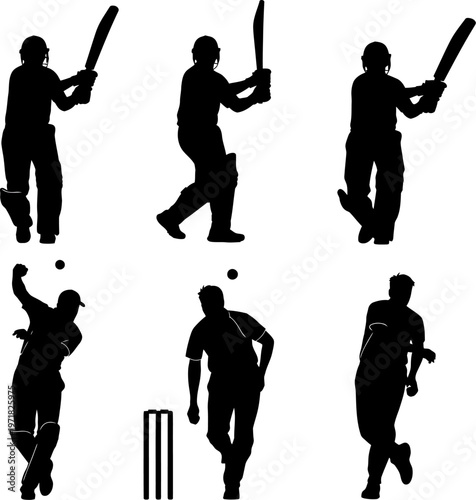 Set of black vector silhouettes showing different cricket players in various action poses for sport design.