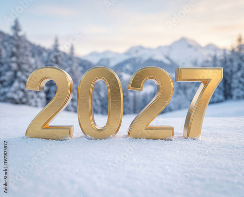 Golden 3D 2027 numbers on fresh snow with a snowy mountain landscape background.