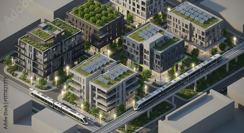 Sustainable Modern City Planning with Green Roofs, Solar Panels, and Light Rail Transit System - Eco-Friendly Urban Development Concept