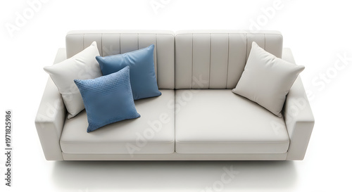 A modern light gray sofa with three decorative accent pillows